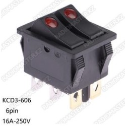 Клавиша ВКЛ KCD-3-606 16A/250v Двойная, ⟨6pin⟩ ARISTON красный диод ⟨Черная⟩